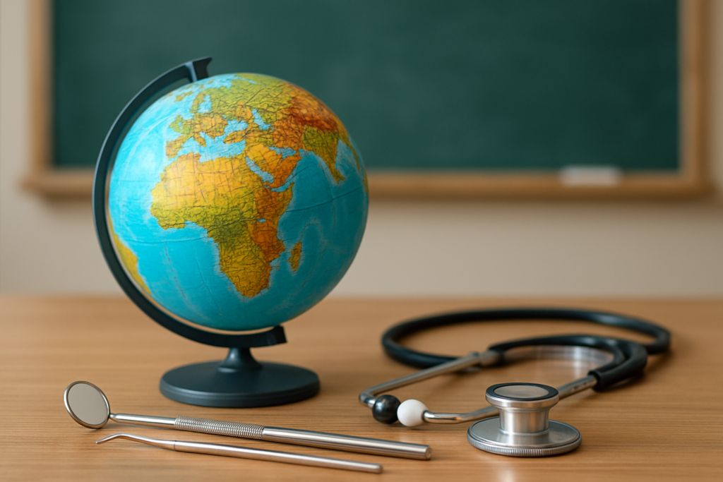 A globe focusing on Africa paired with dental tools and a stethoscope, suggesting international healthcare context.